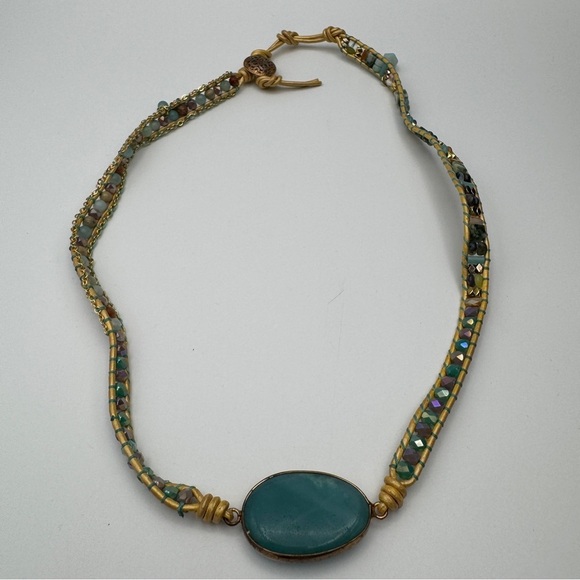 Boho Leather Beaded Necklace w/ Teal Gemstone Pendant 20-22” - Picture 2 of 9